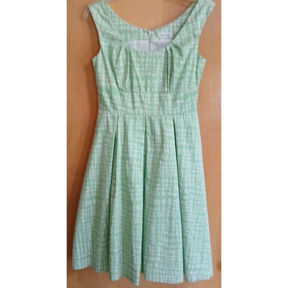 Calvin Klein Green/White Poka Dot Sleeveless Pleated Lined Dress W-4 Fit N Flare